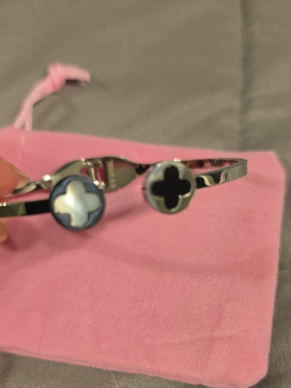Silver Clover Accent Bangle Bracelet with Black and Mother-of-Pearl Inlays